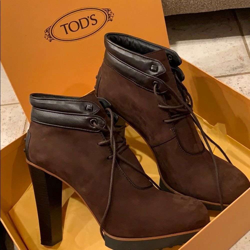 Tods high heel leather suede brown booties